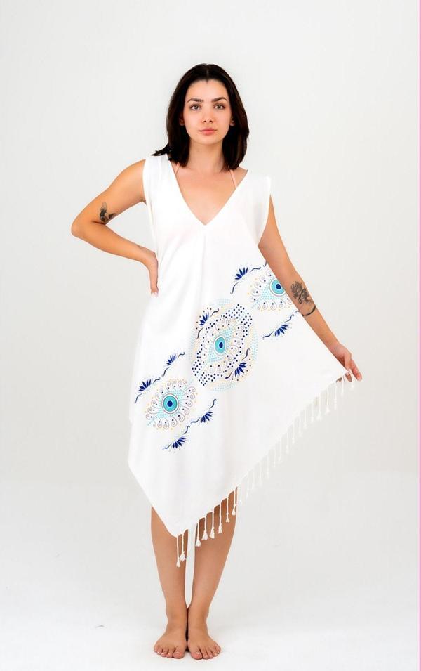 Emillie Viskon Baskılı Üçgen Model Plaj Elbisesi -Nazar Göz - Image 1