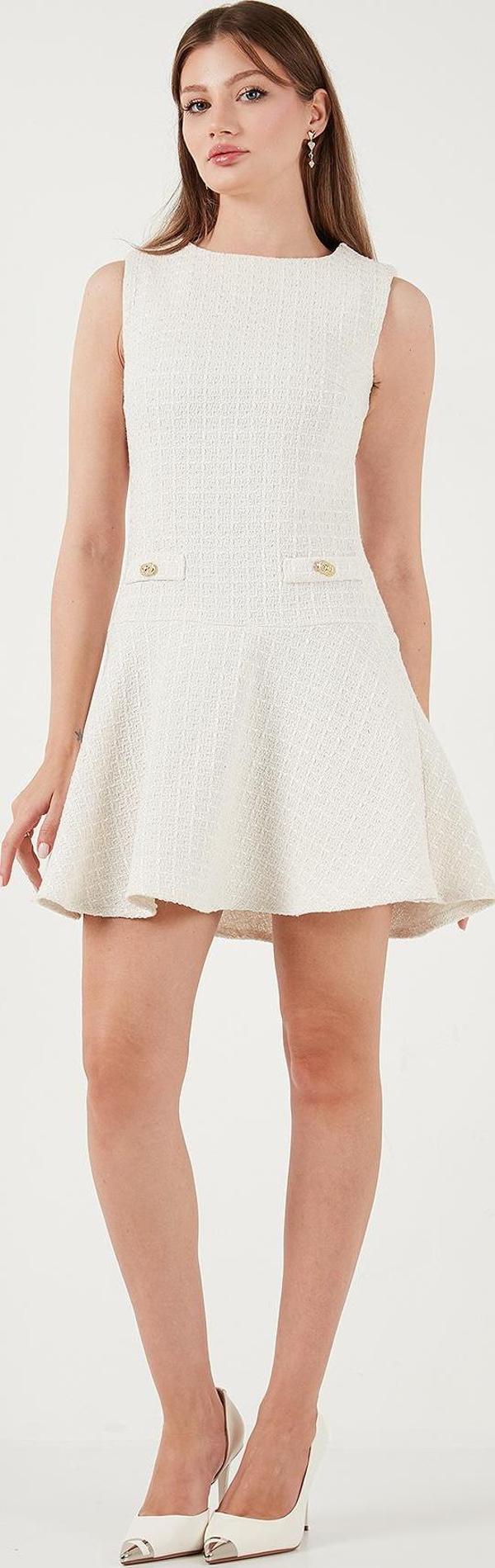 Lela Pamuklu Regular Fit Bisiklet Yaka Düğme Detaylı A Kesim Mini Bayan Elbise 6525687 EKRU - Image 1