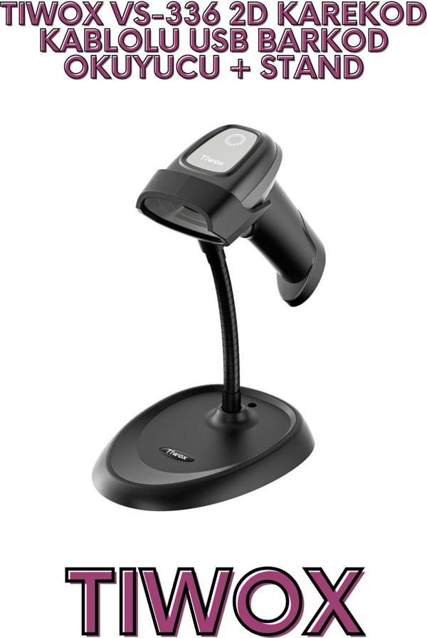 TIWOX VS-336 2D KAREKOD KABLOLU USB BARKOD OKUYUCU + STAND - Image 1