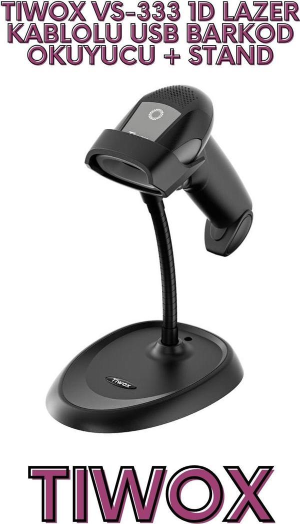 TIWOX VS-333 1D LAZER KABLOLU USB BARKOD OKUYUCU + STAND - Image 1