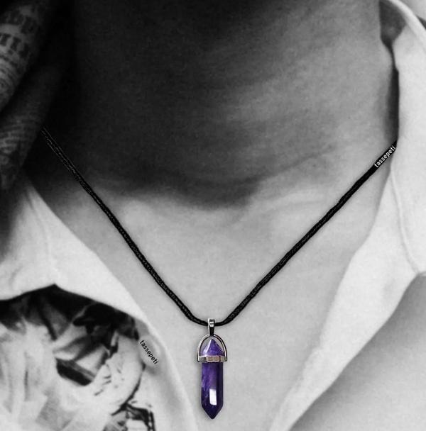 Gerçek Ametist Doğal Taşı Çivi Model Deri ipli Kolye Ucu - Image 1