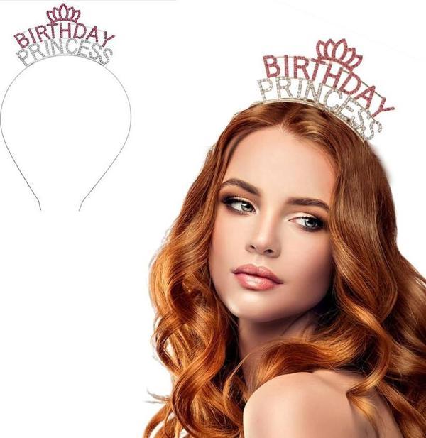 KENPAZAR Kristal Taşlı Pembe Birthday Princess Yazılı Parti Tacı 19x11 cm - Image 1