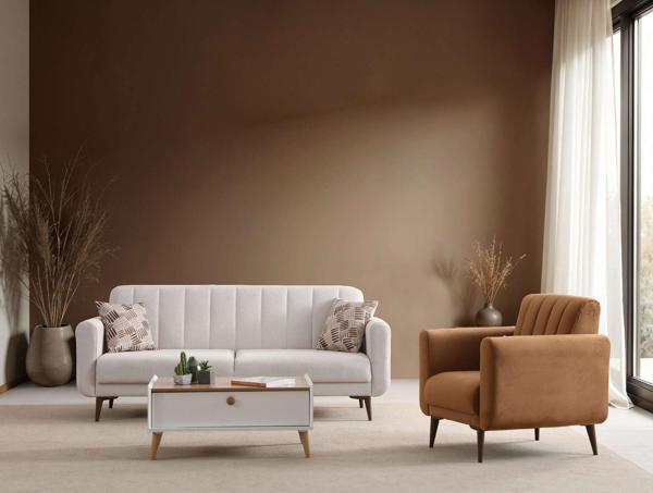 Bona 3+1 Berjer Koltuk Takımı Bej (Valebo-03-Valebo-016) Ceviz Ayak - Image 1