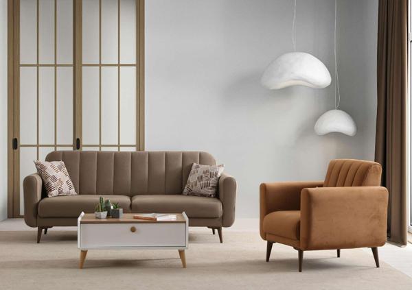 Bona 3+1 Berjer Koltuk Takımı Haki (Valebo-06-Valebo-16) Ceviz Ayak - Image 1