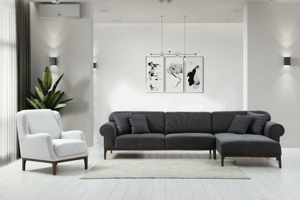 London Sırt Mekanizmalı Uzanmalı Köşe Takım + Berjer Koyu Gri + Ares Beyaz - Image 1