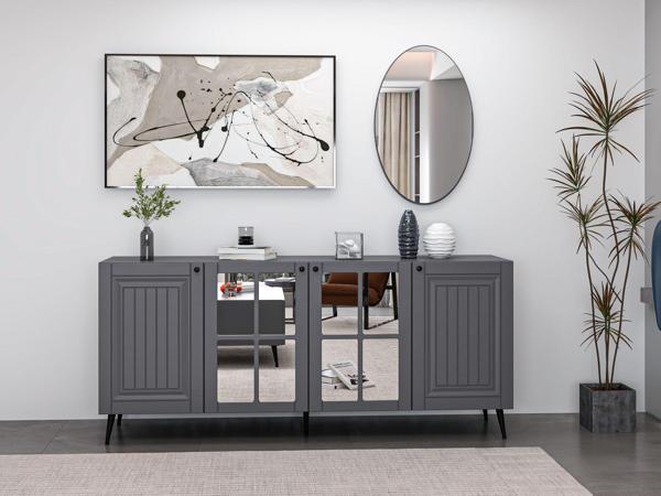 Minar Kale Cam Kapak Aynalı Konsol İlkbahar Antrasit Aynalı Antrasit - Image 1