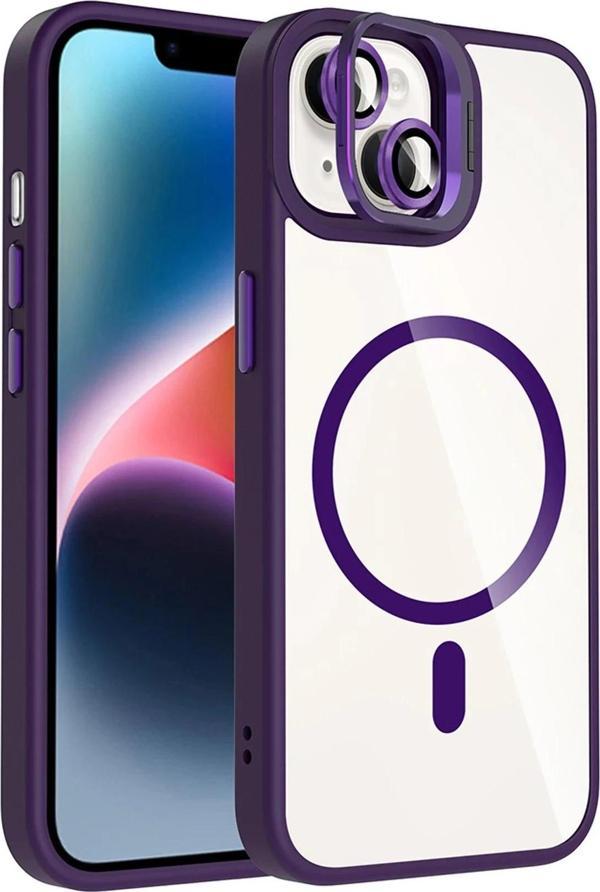 Apple iPhone 14 Remim Lensli Magsafe Standlı Kapak - Derin Mor-(5796) - Image 1