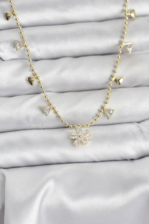 Pirinç Gold Renk Zirkon Taşlı Çiçek Model Kadın Kolye - Image 1