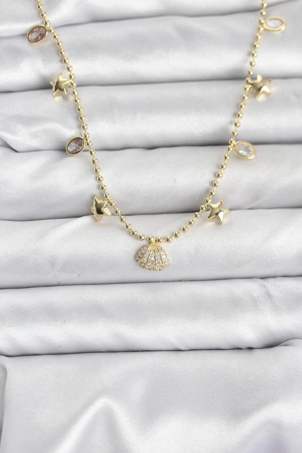 Pirinç Gold Renk Zirkon Taşlı Deniz Kabuğu Model Kadın Kolye - Image 1