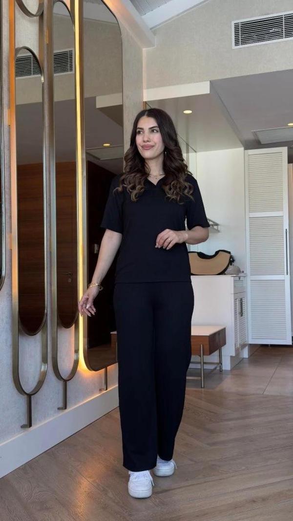 MDB Kadın Kısa Kollu Yakalı Viskon Iki Iplik Bluz Ve Pantolon Ikili Takım - Image 1