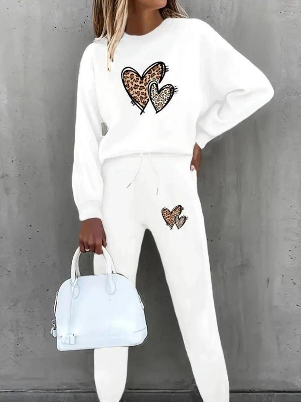 MDB Kadın Uzun Kollu Bisiklet Yaka Kalp Desenli şardonlu üç Iplik Bluz Ve Pantolon Ikili Takım - Image 1