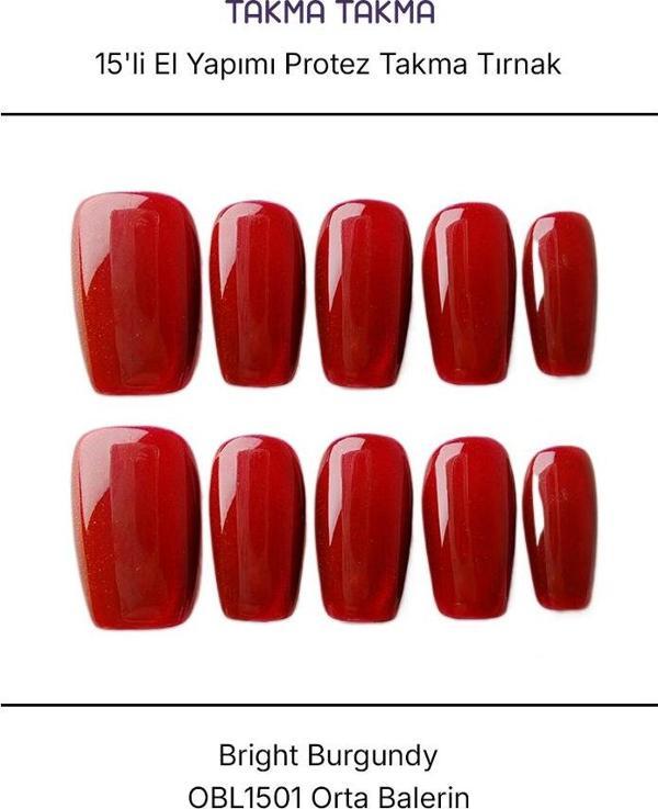15'li Bordo Orta Balerin OBL1501 Tekrar Kullanılabilir El Yapımı Protez Takma Tırnak Bordo-M - Image 1