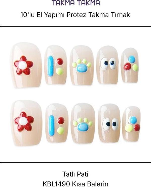 10'lu Ten Rengi Kısa Balerin  KBL1490 Tekrar Kullanılabilir El Yapımı Protez Takma Tırnak Ten Rengi-M - Image 1