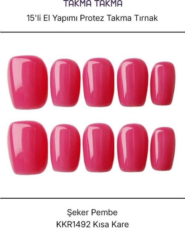 15'li Pembe Kısa Kare KKR1492 Tekrar Kullanılabilir El Yapımı Protez Takma Tırnak Pembe-M - Image 1