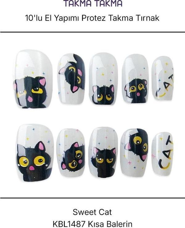 10'lu Siyah Kısa Balerin KBL1487 Tekrar Kullanılabilir El Yapımı Protez Takma Tırnak Siyah-M - Image 1