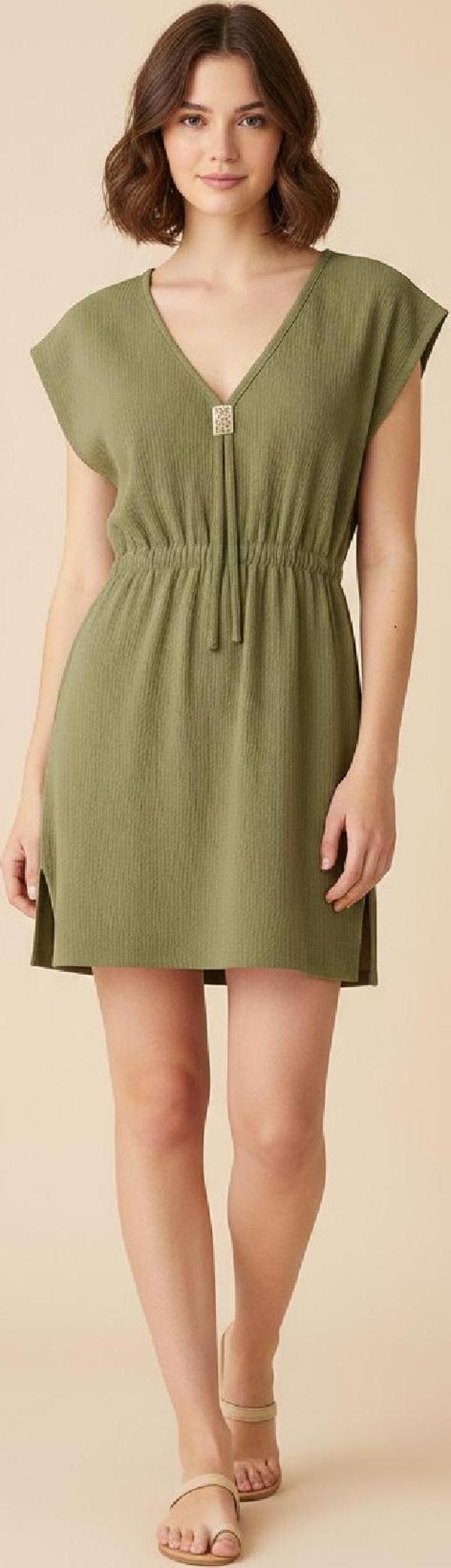 Kadın Haki Yanları Yırtmaçlı Tokalı V Yaka Mini Plaj Elbisesi - Image 1