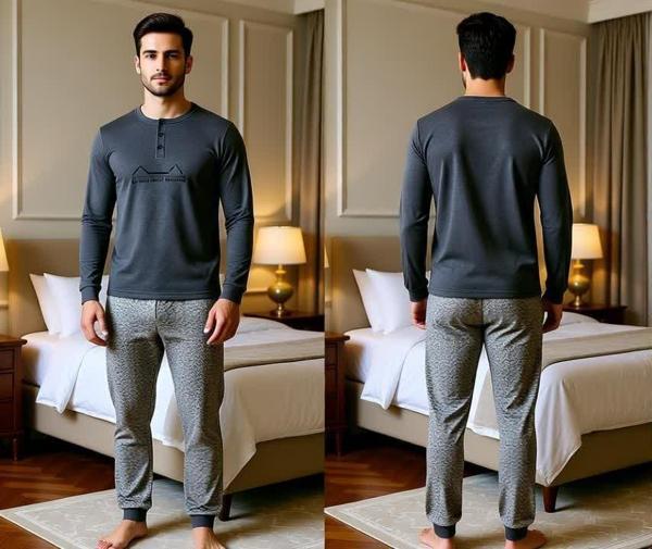 Erkek Pamuklu Gri Melanj Renk Pijama Takımı AL001-2 - Image 1