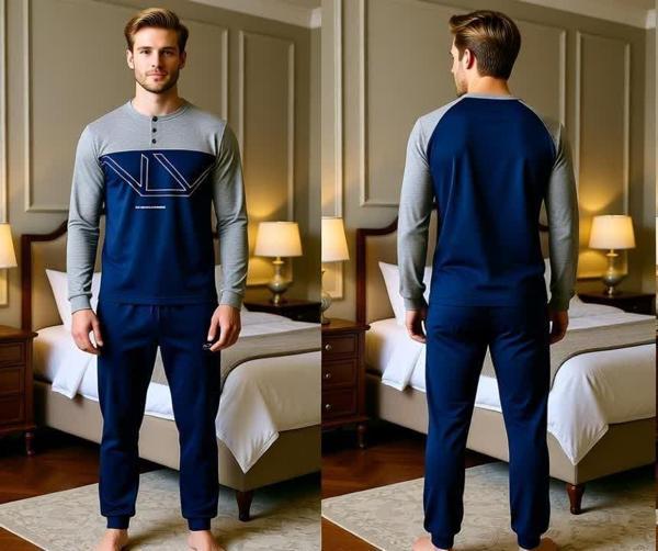 Erkek Pamuklu Gri - Lacivert Renk Pijama Takımı AL008-2 - Image 1