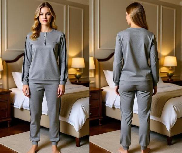 Kadın Pamuklu Koyu Gri Renk Pijama Takımı AL507-2 - Image 1