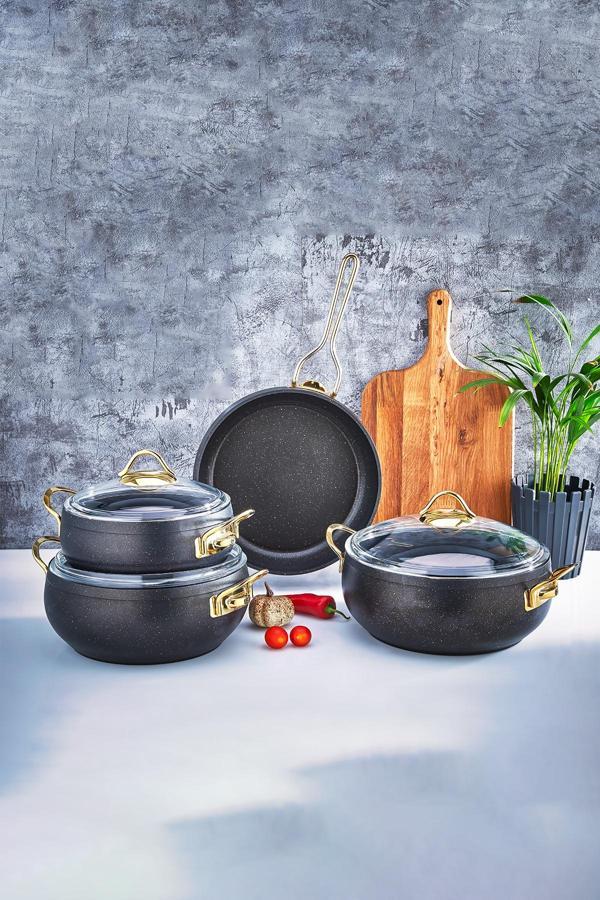 Polochef Mega Döküm Granit Tencere Ve Tava Seti 7 Parça Siyah - Image 1