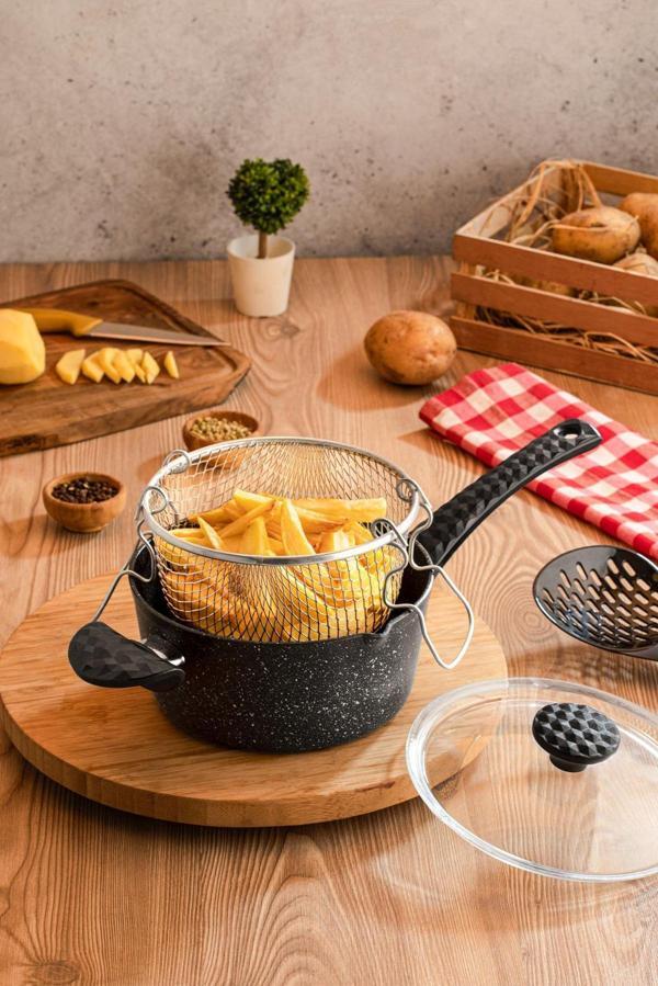 Polochef Cheflon Granit Kızartma Tencere Tavası Fritöz Telli 20 Cm Kapakl - Image 1