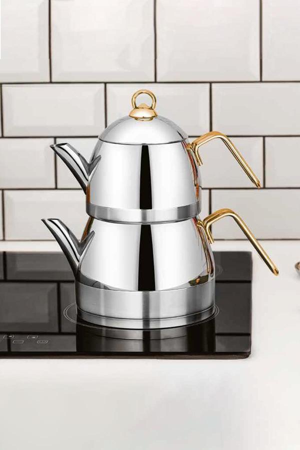 Polochef Zümrüt Çaydanlık 18/10 Paslanmaz Çelik Orta Boy Gold Saplı - Image 1
