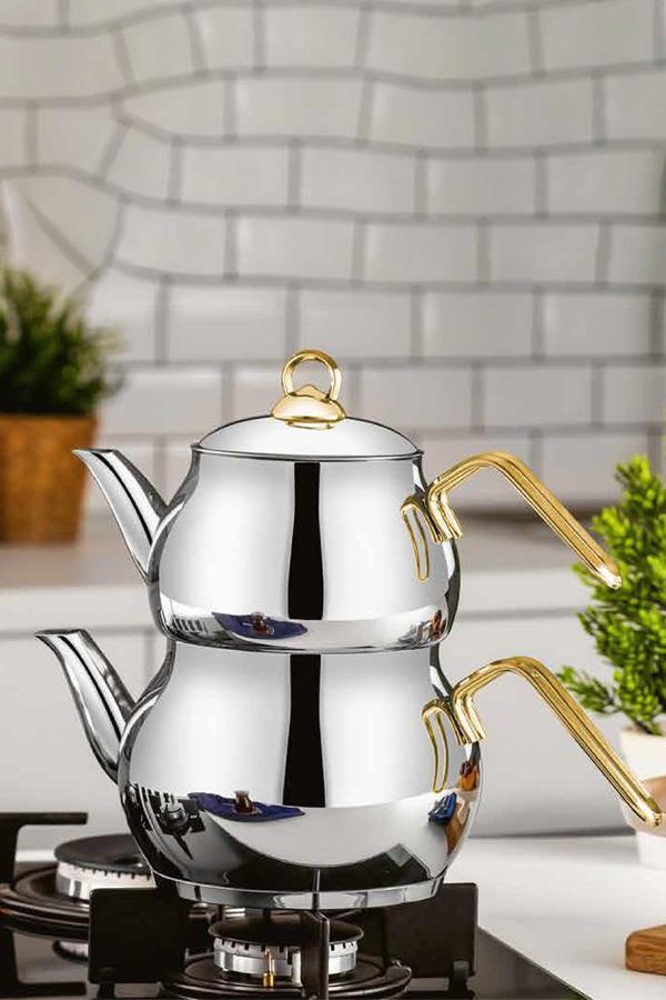 Polochef Nostaji Çaydanlık 18/10 Paslanmaz Çelik Orta Boy Gold Saplı - Image 1