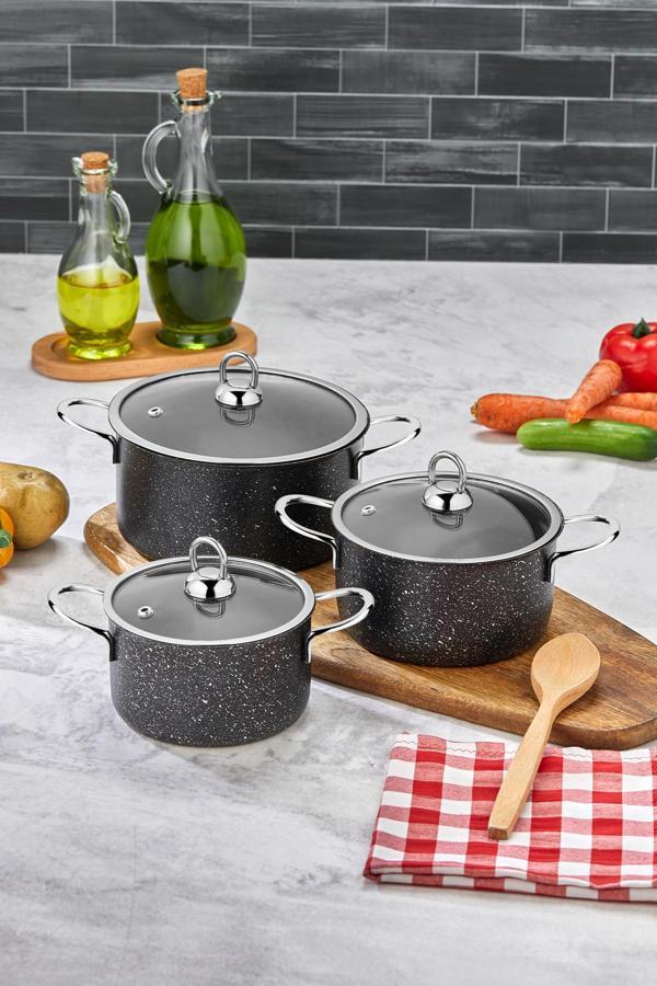 Polochef Hilal Döküm Granit 3'Lü Mini Tencere Seti 12-14-16 Cm Kapaklı Siyah - Image 1