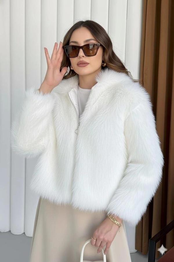 Fermuarlı kısa kürk beyaz t7746 - Image 1