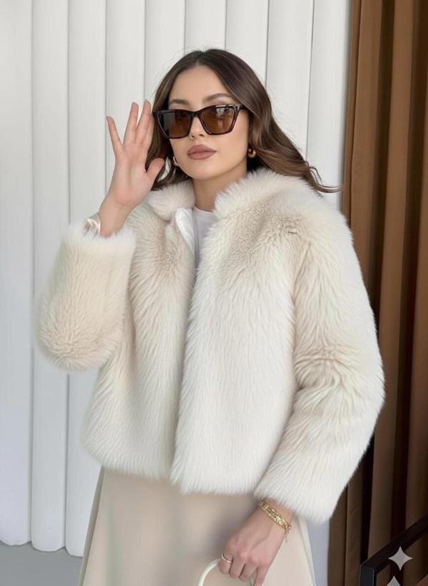 Fermuarlı kısa kürk siyah ekru t7746 - Image 1