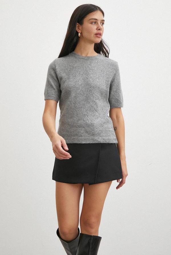 Simli Kısa Kol Kazak Gri - Image 1