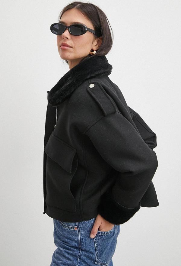 Apoletli Yünlü Körük Cepli Kaşe Mont Siyah - Image 1