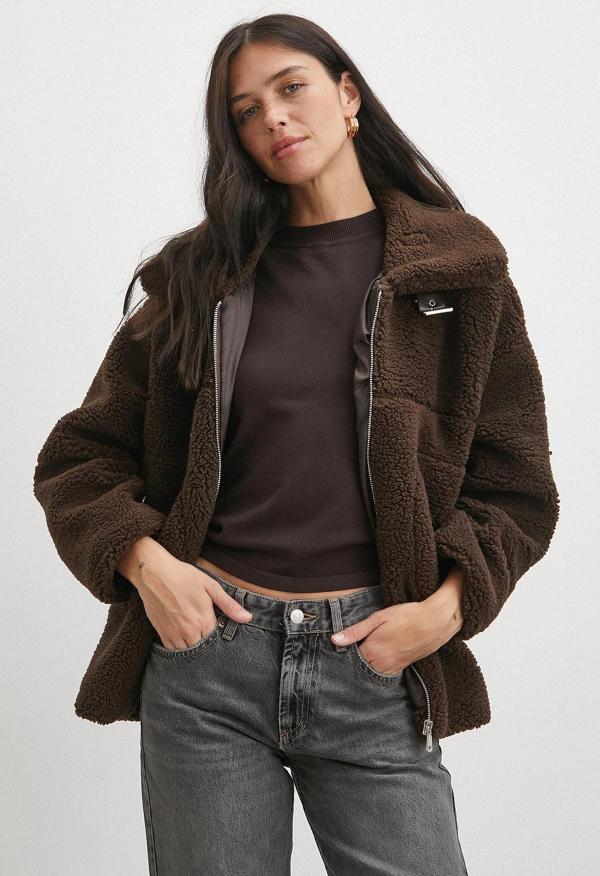 Yaka Detaylı Peluş Mont Kahve - Image 1