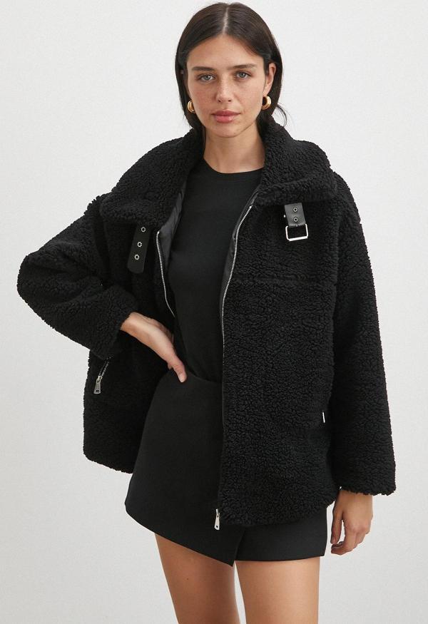 Yaka Detaylı Peluş Mont Siyah - Image 1