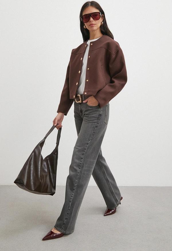 Beli Lastikli Düğmeli Bomber Ceket Kahve - Image 1