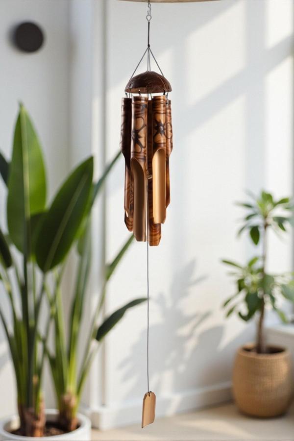 Çiçek Desenli Otantik Coconut Kapaklı El Yapımı Doğal Bambu Rüzgar Çanı 30cm Balkon Dekoru Hediyelik - Image 1