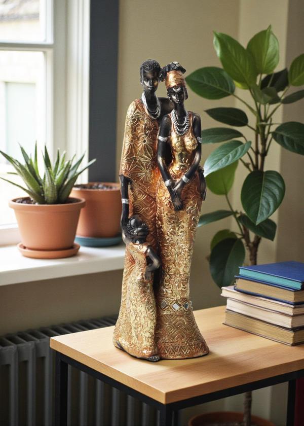 Lüks İşlemeli Geleneksel Yerel Kıyafetli Afrikalı Aile Heykeli Dekoratif Biblo Ev Ofis Hediyesi Mdl2 - Image 1