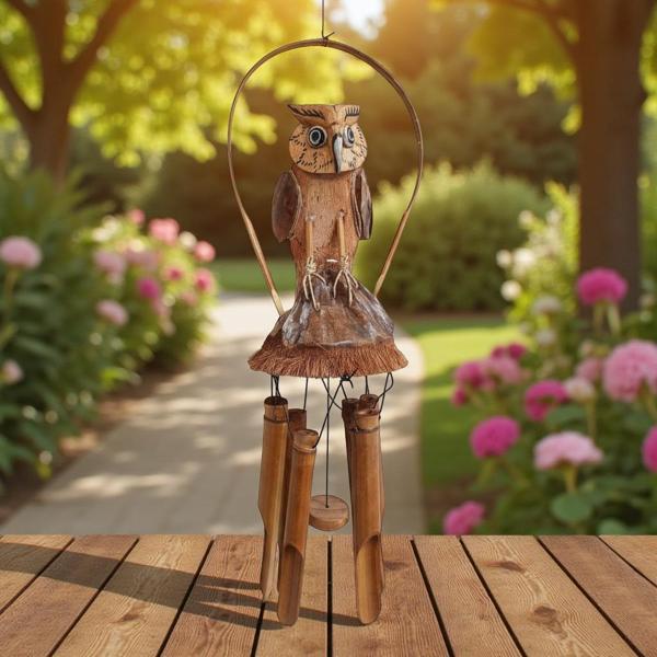 El Yapımı Doğal Ahşap & Coconut Baykuş Tasarımlı Rüzgar Çanı 90cm Balkon Bahçe Dekoru Hediyelik Ürün - Image 1