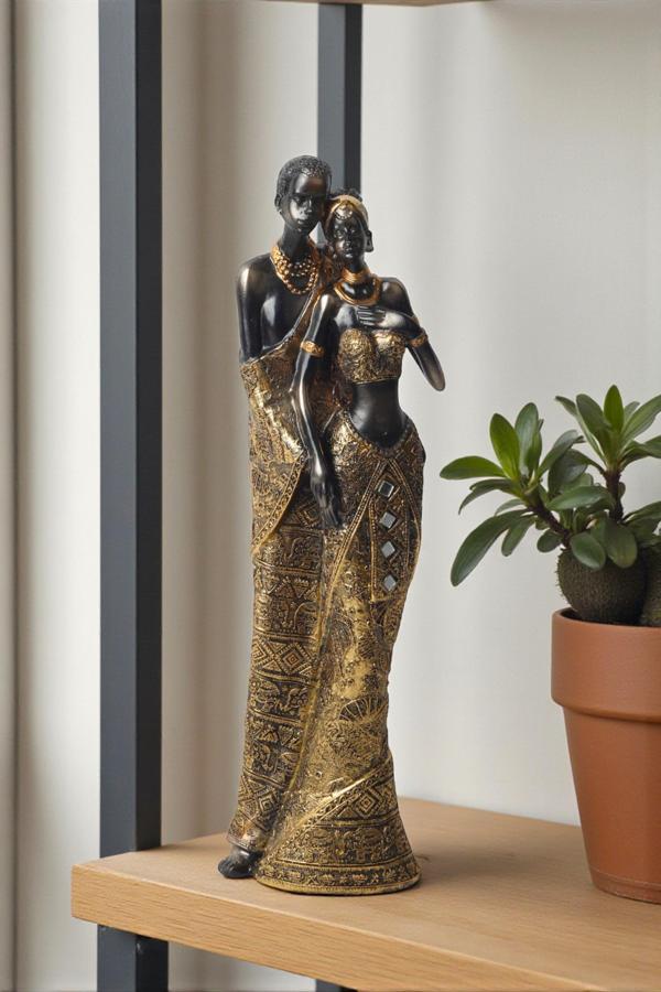Lüks İşlemeli Geleneksel Yerel Kıyafetli Afrikalı Çift Heykeli Dekoratif Biblo Ev Ofis Hediyesi Mdl2 - Image 1