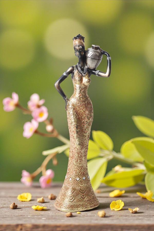 Lüks İşlemeli Geleneksel Yerel Kıyafetli Afrikalı Kadın Heykeli Dekoratif Biblo Ev Ofis Hediyesi Md2 - Image 1