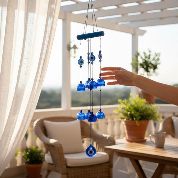 Feng Shui Nazar Boncuğu Rüzgar Çanı Metal Kötü Göze Karşı Dış Mekan Dekoratif Bahçe Kapı Süsü 65 cm. - Image 1