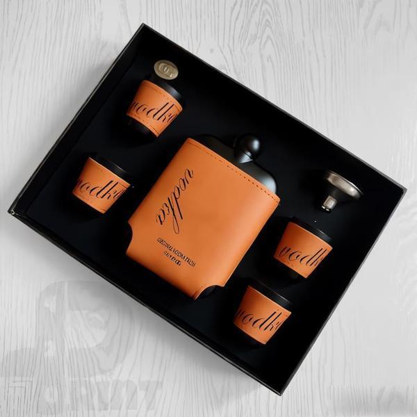 Lüks Deri Kılıflı Paslanmaz Çelik İçki Matarası Avcı Kamp Outdoor Hediye Seti Cep Matarası 240 ml. - Image 1