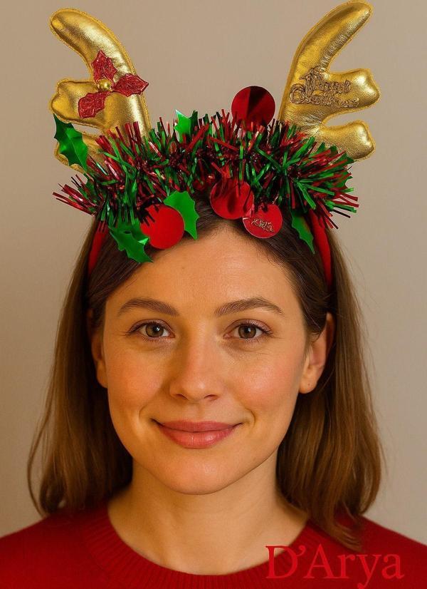 DD602 Gold Geyik Boynuzu Yılbaşı Taç (Kırmızı-Yeşil Detaylı) Christmas Hairband - Image 1