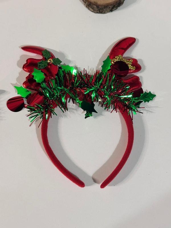 DD603 Kırmızı Geyik Boynuzu Yılbaşı Taç (Kırmızı-Yeşil Detaylı) Christmas Hairband - Image 1