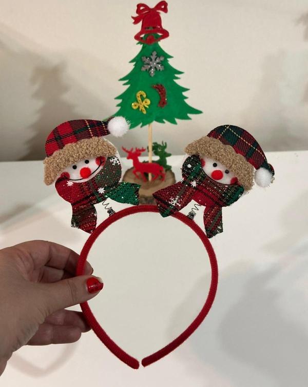 DD604 Kırmızı Kar Desenli Kardan Adam Taç Christmas Hairband - Image 1