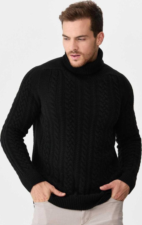 Desen Triko Erkek Balıkçı Yaka Saç Örgülü Yün Kazak 0242589 Siyah - Image 1