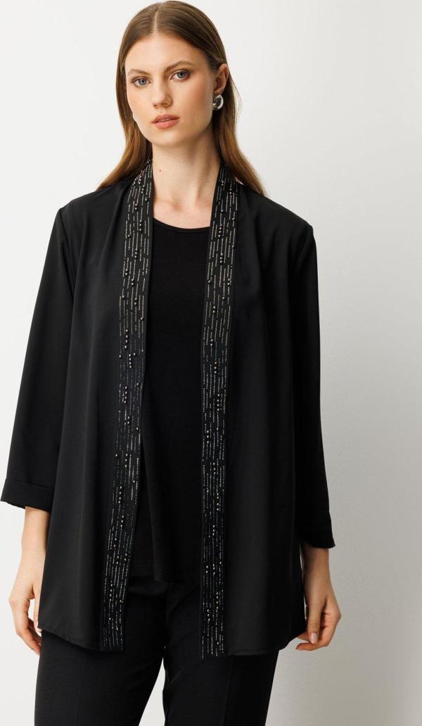 Ekol Kadın Büyük Beden İç Atletli Yakası Taş İşlemeli Ceket 5981 Siyah - Image 1