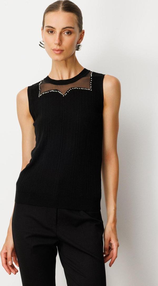 On Kadın Yakası Boncuklu Triko Bluz 60361 Siyah - Image 1
