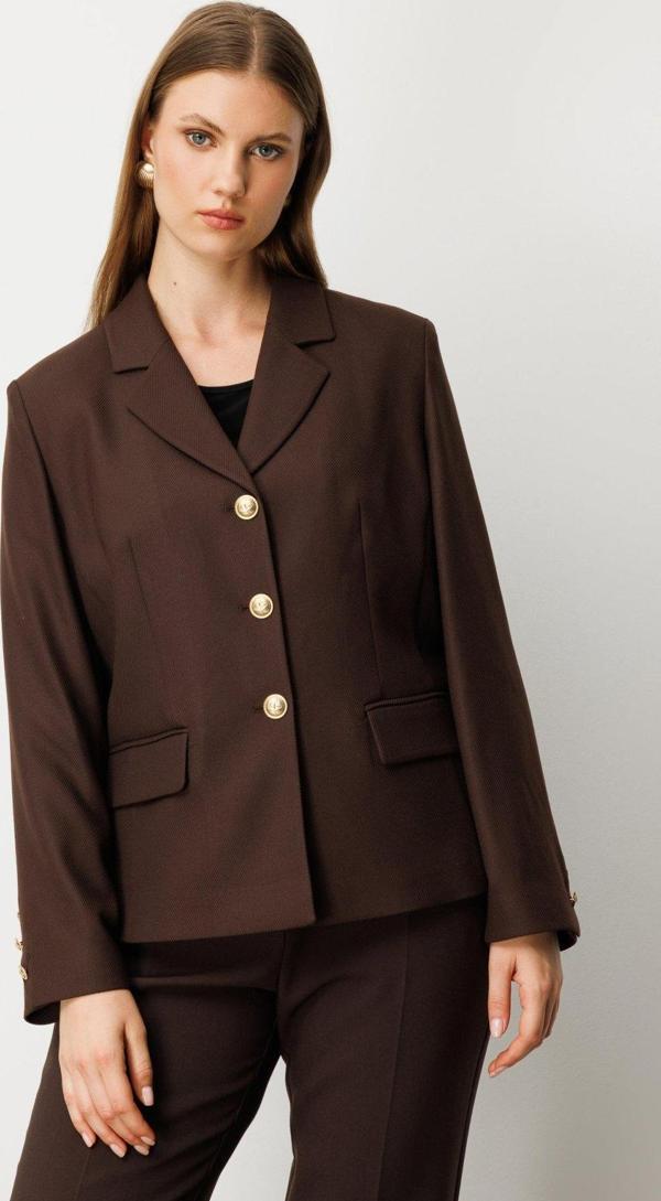 Ekol Kadın Büyük Beden Kapak Cepli Ceket 5549 Kahverengi - Image 1