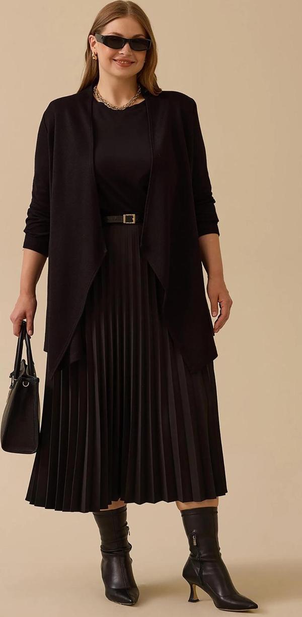 Galaxi Kadın Büyük Beden Asimetrik Kesim Triko Hırka 4004 Siyah - Image 1